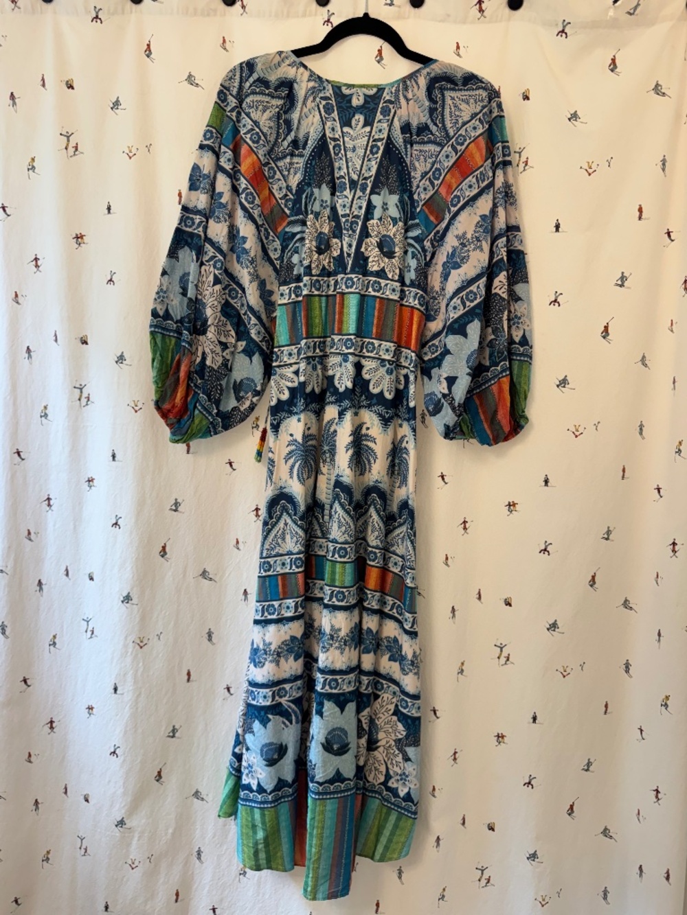 Farm Rio Blue Palms Balloon-Sleeve Midi Dress